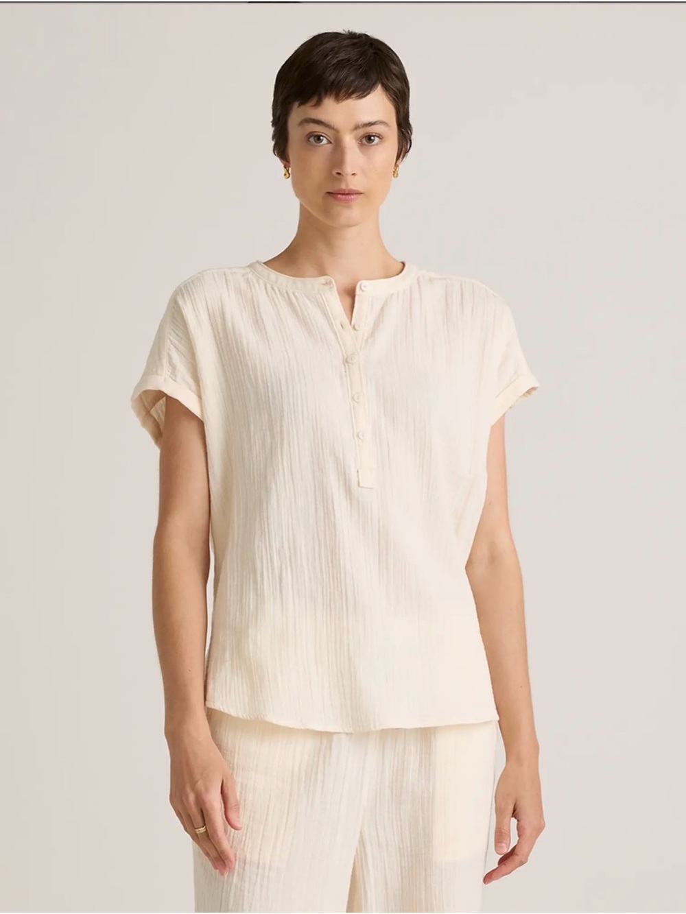 Quince Cream Short-Sleeve Henley Blouse- SIZE MEDIUM - Picture 2 of 8